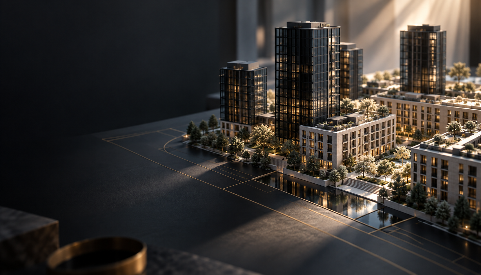 Generated architectural model of multifamily buildings on a dark research desk